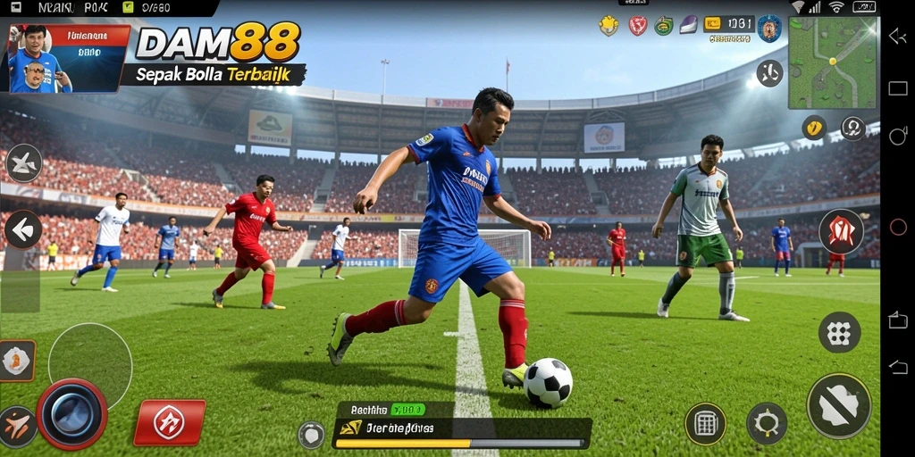 Tampilan gameplay <strong>DAM88</strong> yang seru dengan aksi pemain sepak bola.