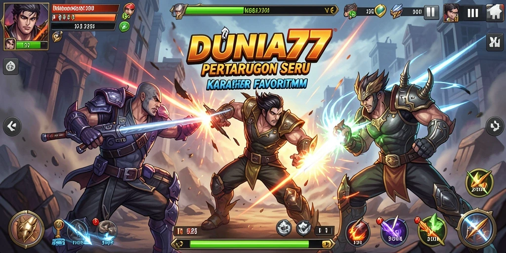 Tampilkan gameplay seru DUNIA77 dengan pertarungan karakter.