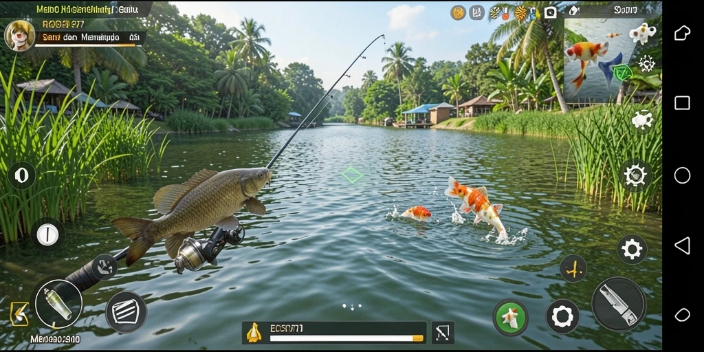 Screenshot gameplay EOS77 menampilkan aktivitas memancing yang seru dan mendebarkan.