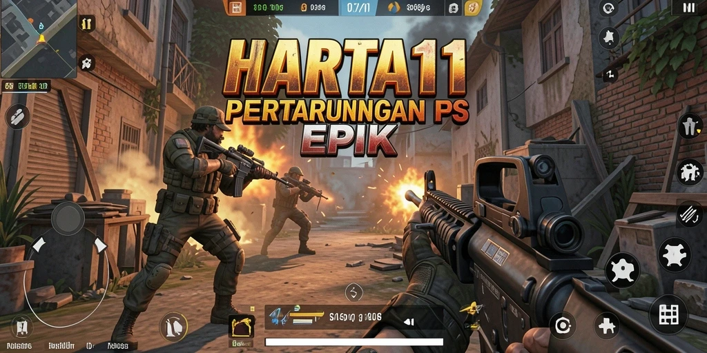 Screenshot utama HARTA11 menampilkan aksi tembak-menembak yang intens.
