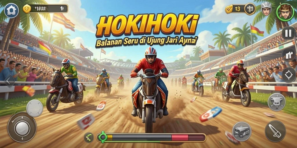 Gameplay HOKIHOKI menampilkan balapan mendebarkan penuh aksi.