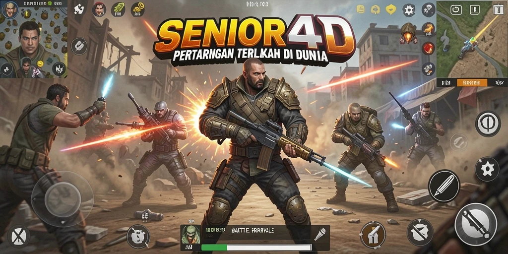 Tampilan screenshot SENIOR4D dengan aksi pertempuran Battle Royale yang seru.