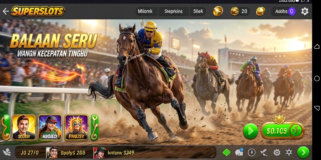 Screenshot gameplay Racing SUPERSLOTS yang menampilkan mobil melaju kencang.